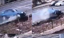 Otomobilin drenaj kanalına uçtuğu anlar görüntülendi