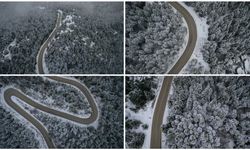 Uludağ'ın beyaza bürünen kıvrımlı yolları havadan görüntülendi