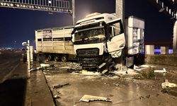 Hatay'da otoyol gişelerinde direğe çarpan tırda yangın çıktı