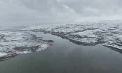 Kar yağışıyla beyaza bürünen Ilısu Barajı'nın çevresi dronla görüntülendi