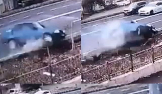 Otomobilin drenaj kanalına uçtuğu anlar görüntülendi