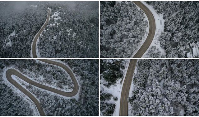 Uludağ'ın beyaza bürünen kıvrımlı yolları havadan görüntülendi