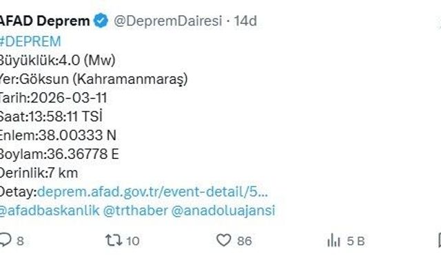 Kahramanmaraş'ta 4 büyüklüğünde deprem
